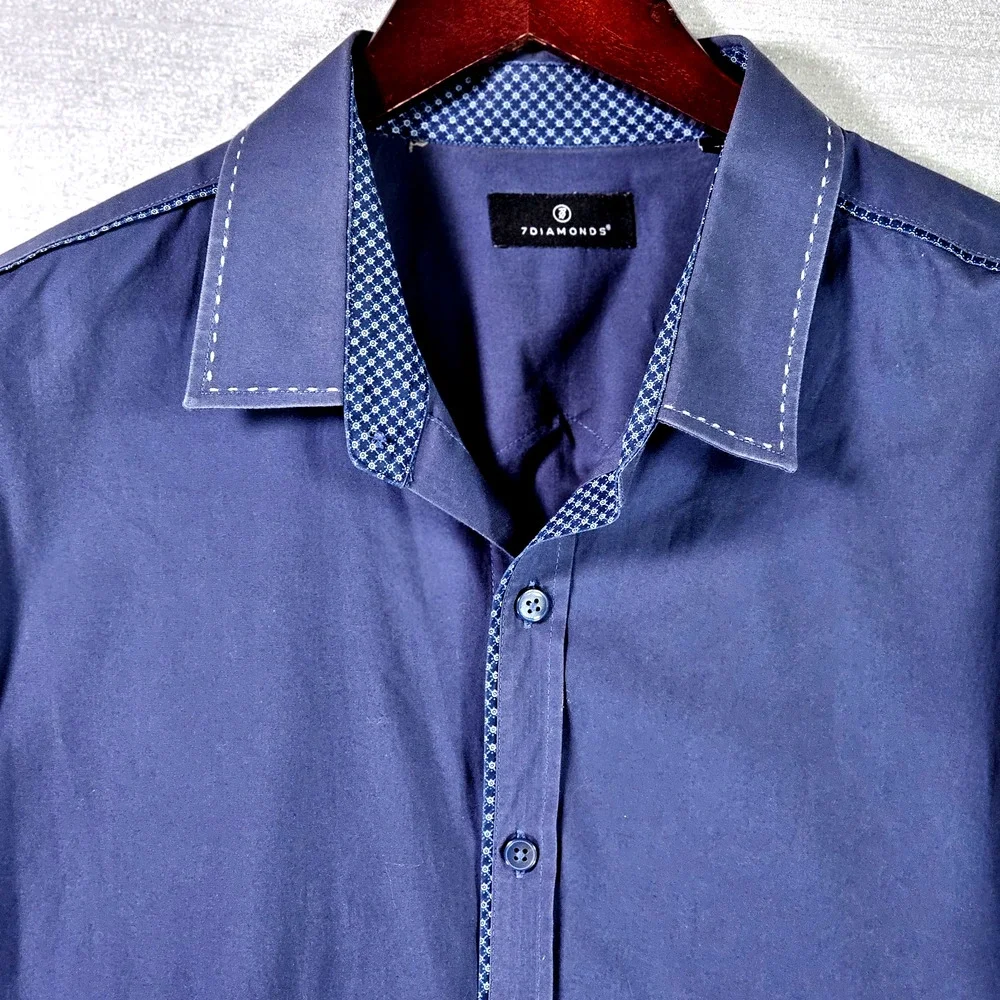 7 Diamonds Dress Shirt Men's XL Blue Stretch Button Up Long Sleeve Cuff Detail